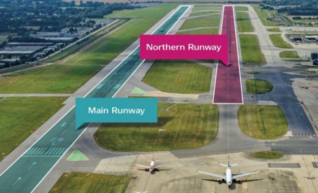 An aerial graphic image showing Gatwick Airport runways, with northern runway highlighted in pink and the main runway in turquoise.
