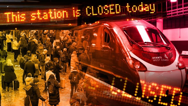 A colourful combination image showing an Avanti West Coast train at London Euston station, passenger crowds at the station concourse and closed works across the image.