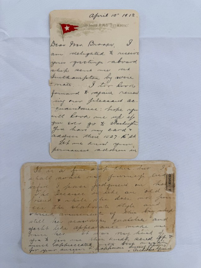 Undated handout photo issued by Henry Aldridge & Son of a letter written by Colonel Archibald Gracie, who was a first class passenger on the Titanic, and is now known as one of the well-known survivors of the disaster. His letter is expected to sell for up to ?60,000 at auction, and is going under the hammer at Henry Aldridge and Son, of Devizes, Wiltshire, on April 26. Issue date: Tuesday April 22, 2025. PA Photo. The letter card is dated April 10 1912 and is postmarked Queenstown April 11 and London April 12 and is believed to be the only example from Gracie in existence from onboard the Titanic. See PA story SALE Titanic. Photo credit should read: Henry Aldridge & Son/PA Wire NOTE TO EDITORS: This handout photo may only be used for editorial reporting purposes for the contemporaneous illustration of events, things or the people in the image or facts mentioned in the caption. Reuse of the picture may require further permission from the copyright holder.