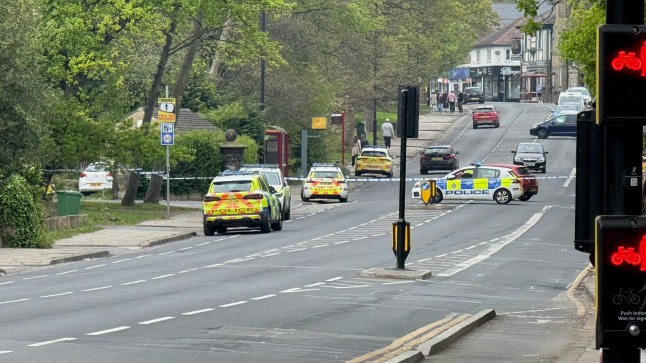 A road cordoned off in Leeds in Otley after a suspected crossbow attack during a pub crawl.