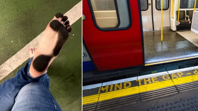 The sole of a man's bare foot after travelling on the Tube and the floor and door of a London Underground carriage.