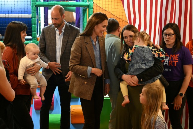 TOBERMORY, SCOTLAND - APRIL 29: Prince William, Prince of Wales and Britain's Catherine, Princess of Wales react during a visit to a soft play area at Aros Hall, a local community hub on April 29, 2025 in Tobermory, Scotland. The Prince and Princess of Wales are on a two-day visit to the Isles of Mull and Iona on the 29th and 30th of April to engage with rural island communities. During their time on the islands, they will connect with local residents, highlighting the value of social bonds and underscoring the importance of safeguarding and advocating for the natural environment. (Photo by Oli Scarff - WPA Pool/Getty Images)