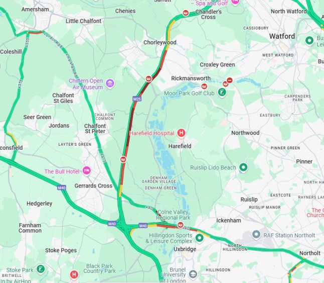 A traffic map showing a crash on the M25 between J17 and J16.