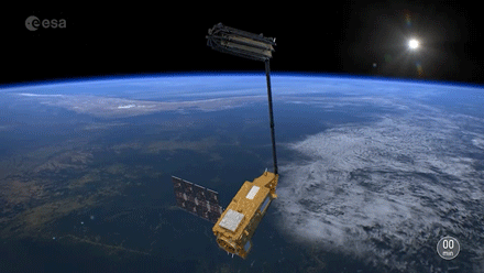 A moving image of the 'space brolly' satellite, over planet Earth.