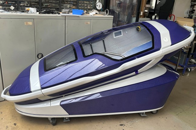 FILE - A 'suicide pod' known as 'The Sarco' is seen in Rotterdam, Netherlands, July 8, 2024. (AP Photo/Ahmad Seir, File)