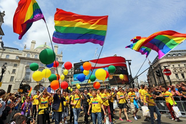 Mandatory Credit: Photo by Paul Brown/REX/Shutterstock (2596447t) Revellers Gay Pride Parade 2013, London, Britain - 29 Jun 2013 This year's theme is Love (and Marriage), celebrating not only the achievement of equal marriage in the UK, as well as in various countries around the world, but also the love and support that exists within the LGBT (lesbian, gay, bi(sexual) and trans(gender), community and their friends and families.