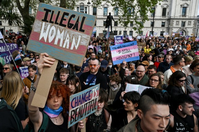 Protesters rally for trans rights following a Supreme Court ruling that only biological women are recognised under Britain's Equality Act, at the Parliament Square, in London, Britain, April 19, 2025. REUTERS/Chris J Ratcliffe