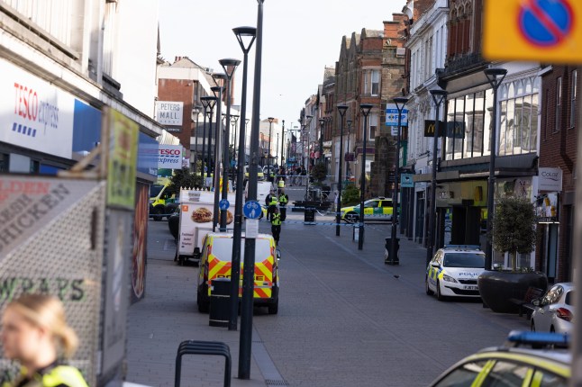 Police cars and police cordons are visible on St Peter???s Street in Derby City Centre as Parts of Derby City Centre have been cordoned off after a man was stabbed in a Lloyds Bank bank in St Peter???s Street in Derby City Centre. (Photo by Ben Booth/EEm/Sipa USA)