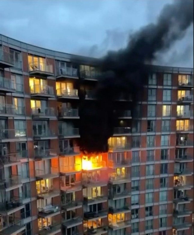 TAKEN FROM FACEBOOK WIHOUT PERMISSION Fire at New Providence Wharf Block E river side - flames visible from balcony - London Fire Brigade on site Flames reducing I have been told but be ready to evacuate Second fire at this block where fire visible from balcony, last fire showed major fire safety issues in the block