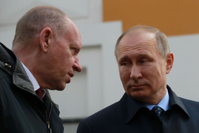 MOSCOW, RUSSIA - MAY,4 (RUSSIA OUT) Russian President Vladimir Putin (R) and First Deputy Presidential Administration Chief of Staff Alexei Gromov (R) attend the opening ceremony of new monument to Moscow's Governor General between 1891 and 1905, Grand Duke Sergei Alexandrovich of Russia, in the Kremlin, in Moscow, Russia, May, 4, 2017. Grand Duke Sergei Alexandrovich was killed by a terrorist bomb at the Kremlin. (Photo by Mikhail Svetlov/Getty Images)