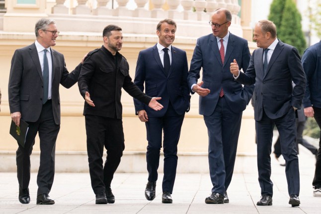 British Prime Minister Sir Keir Starmer, Ukrainian President Volodymyr Zelensky, French President Emmanuel Macron, German Chancellor Friedrich Merz and Poland's Prime Minister Donald Tusk meet at the Presidential Palace in Kyiv, Ukraine, May 10, 2025. Stefan Rousseau/Pool via REUTERS