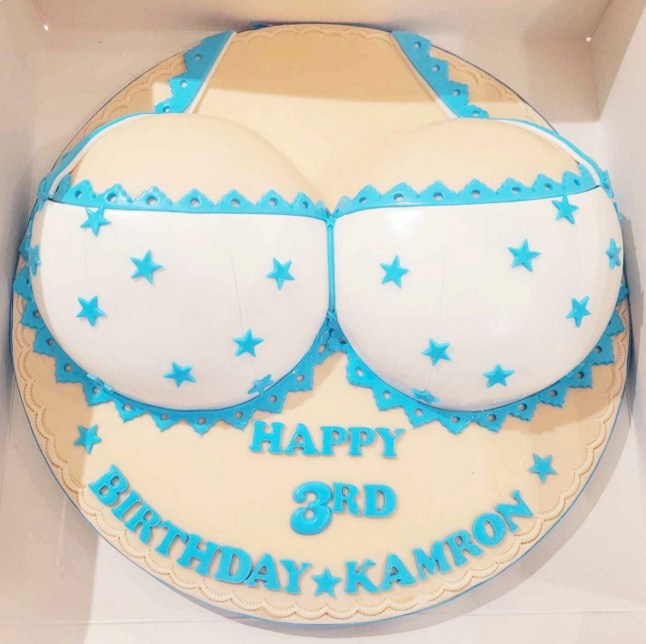 Genie Kaur's cake for son Kamron. When a mum posted photos of a novelty cake ordered to mark the day her son would stop being breastfed, the iced design ??? a pair of boobs in a bra ??? sparked so much controversy she has hit back at critics. Genie Kaur from Barton Seagrave had decided that she would tell her son Kamron that his third birthday would mark the day he would no longer be breastfed. As a visual metaphor the boob cake would be cut to signify the break from the breast, but on the day the little boy was so sad that the plan was scrapped. When a picture of the fabulous busty Victoria sponge wearing a blue starry bikini ordered from The Cake Story in Kettering was shared on her social media, Genie was surprised to have the cake called ???inappropriate???.
