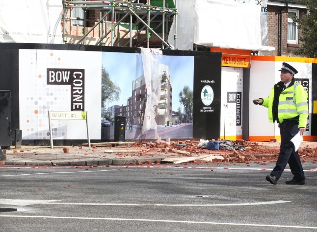 Mandatory Credit: Photo by Steve Bell/REX/Shutterstock (9654888b) Bow corner building site on burdett road, mile end, east london where a pallet of bricks fell five storeys from the site crane on top of pedestrian michaela boor (29) who later died of her injuries outside the higgins homes tower hamlets development. Pallet of bricks kills pedestrian, London, UK - 27 Mar 2018