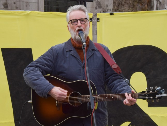 Mandatory Credit: Photo by Vuk Valcic/ZUMA Press Wire/REX/Shutterstock (15124074bl) Singer-songwriter BILLY BRAGG performs outside the Royal Courts of Justice in support of Just Stop Oil activists who are appealing their sentences. 16 activists, known as 'The Lord Walney 16' have been jailed for climate protests. Protest in support of jailed climate activists at the Royal Courts of Justice, London, England, Uk - 29 Jan 2025