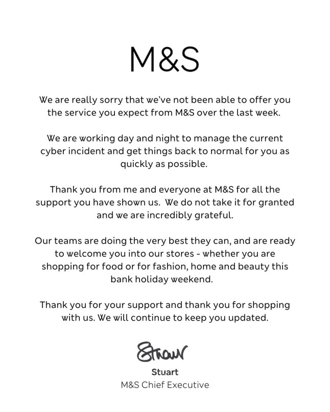 Marks and Spencer report some personal data was taken during cyber attack