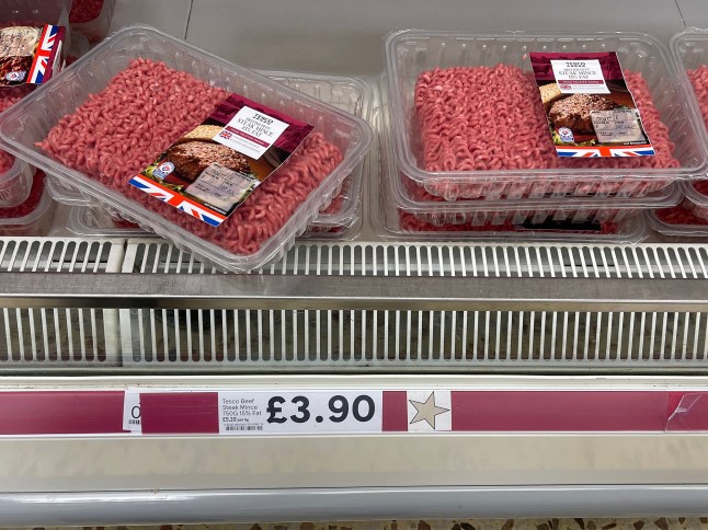 Steak mince sits on display in a Tesco supermarket.