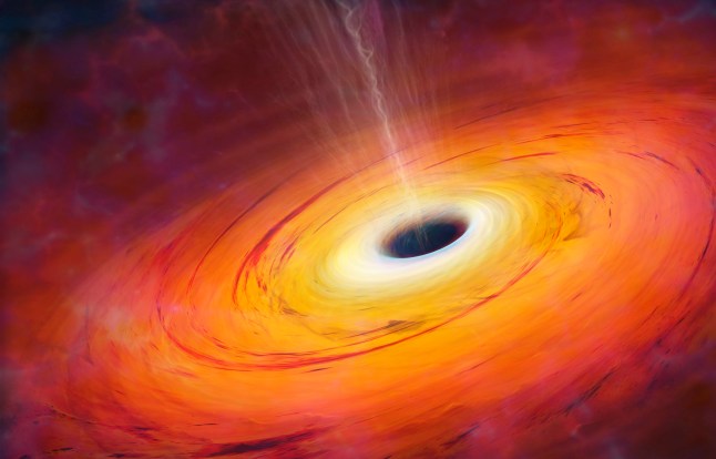 A black hole is an object so compact that nothing can escape its gravitational pull. Not even light. On Earth an object needs to be launched with a speed of 11 km/s if it is to escape the planet's gravity and go into orbit. But the escape velocity of a black hole exceeds the speed of light. Since nothing can travel faster than this ultimate speed, black holes suck in everything including light, which makes them utterly dark and invisible. In this image, we can see a black hole, but only because it is surrounded by a superheated disc of material, an accretion disc. The closer to the hole the material gets, the more and more of its light is captured, which is why the hole grows darker towards its cente.