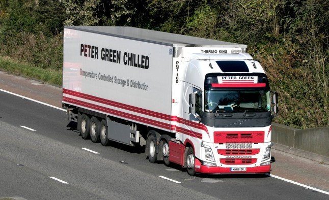 2A68H13 Peter Green Chilled foods temperature controlled distribution; Volvo globetrotter traveling on the M6 motorway near Preston in Lancashire, UK