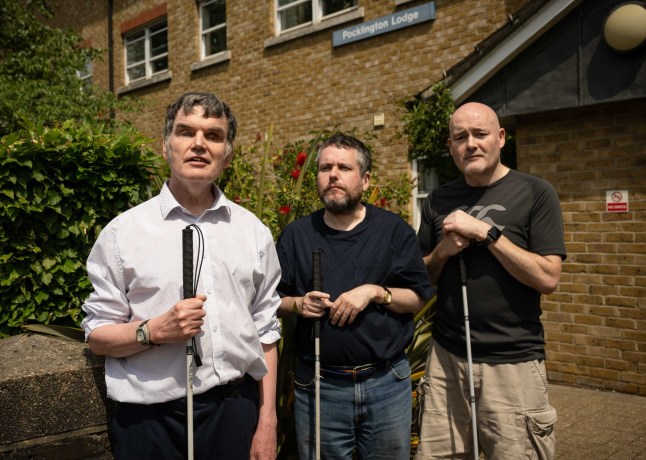 L to R Andrew Hodgson, Jim Lewis, and Steve Kitson are amongst the residents of Pocklington Lodge in Shepherd???s Bush, which houses all visually impaired residents. They fear they may have to move out as the Thomas Pocklington Trust (TPT) which owns it is considering selling the site. Byline John Nguyen/JNVisuals 20/05/2025