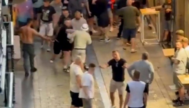 Footage of Man United and Tottenham fans clashing in San Sebastian - 48 miles from Bilbao