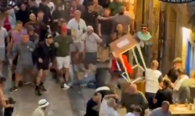 Footage of Man United and Tottenham fans clashing in San Sebastian - 48 miles from Bilbao