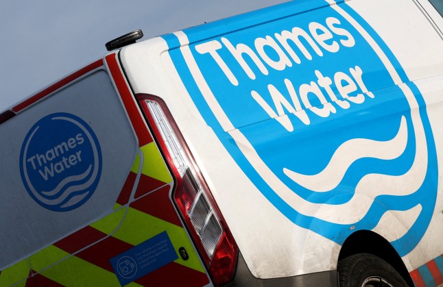 FILE PHOTO: Signage is seen on a Thames Water service vehicle, in London, Britain, February 17, 2025. REUTERS/Toby Melville/File Photo