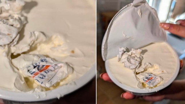 The Sainsbury's shopper's photo of what appears to be a clothing label, embedded in a sealed pot of mascarpone cheese