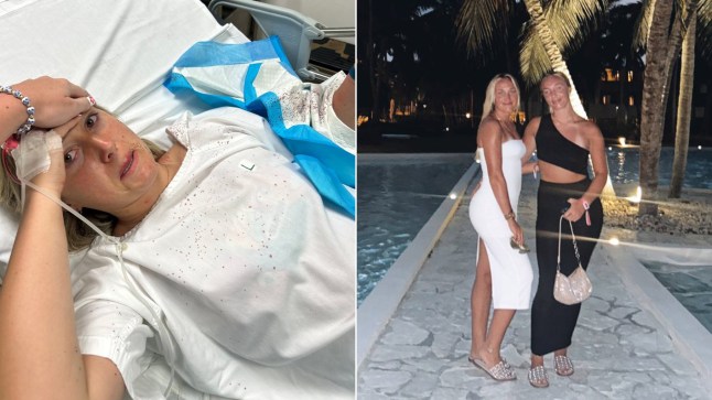 A British tourist in a hospital bed after being bitten by a shark in Jamaica, and standing by a pool with her sister.