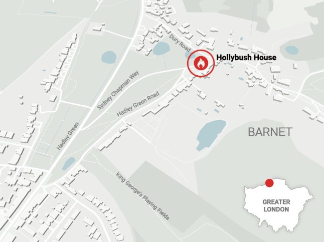A map showing Hollybush House on Hadley Green Road, Barnet.