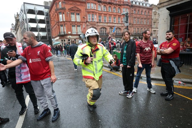 LIVERPOOL, ENGLAND - MAY 26: A large emergency service presence is pictured on Water Street after a car reportedly drives into the crowd during the Liverpool Trophy Parade on May 26, 2025 in Liverpool, England. (Photo by Getty Images)