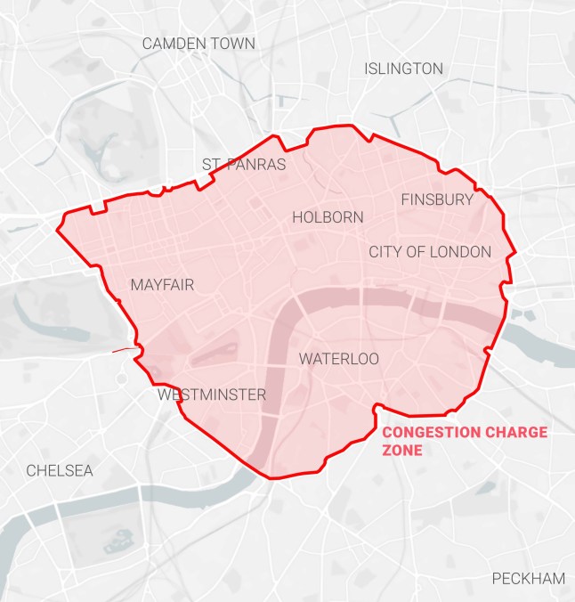 Congestion charge map showing where drivers have to pay the charge in central London.