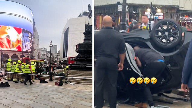 Car flips after smashing into Piccadilly Circus roundabout leaving two injured
