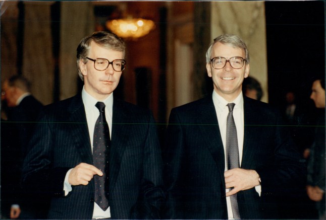 John Major with his waxwork model at Madame Tussauds in London - 1991 . REXSCANPIX.