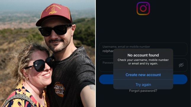 Gavin and Jenni (left) and a notice from Meta locking them out of their accounts