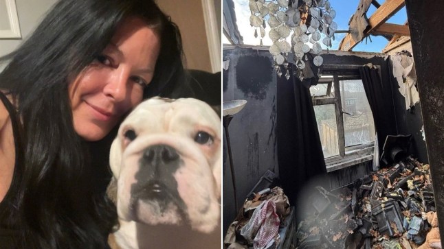 Louise Simpson, her dog Peggy and their burned down house