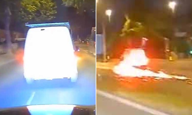 The van sent sparks flying as it drove on its rims during the pursuit