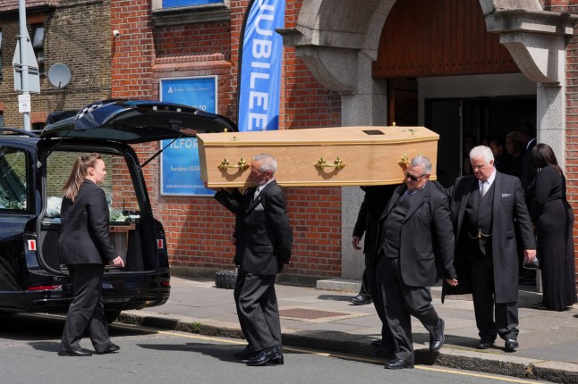 Pallbearers carry the coffin of Daniel Anjorin, 14, at the end of his funeral at Jubilee Church, in Ilford, east London, on May 17, 2024. Marcus Arduini Monzo, 36, is accused of a violent rampage in a northeastern suburb of the British capital on April 30, 2024 using a Samurai-type sword which left teenager Daniel Anjorin dead and wounded four others. (Photo by Jonathan Brady / POOL / AFP) (Photo by JONATHAN BRADY/POOL/AFP via Getty Images)