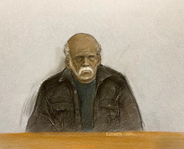 Court artist drawing by Elizabeth Cook of 92-year-old Ryland Headley appearing via video link at Bristol Magistrates' Court, charged with the rape and murder of widow Louisa Dunne in Bristol in 1967. Picture date: Wednesday November 20, 2024. PA Photo. See PA story COURTS Bristol. Photo credit should read: Elizabeth Cook/PA Wire