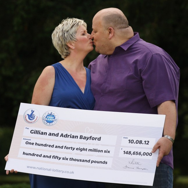 HATFIELD HEATH, ENGLAND - AUGUST 14: Adrian and Gillian Bayford celebrate winning the jackpot of over 148 million GBP in the EuroMillions lottery on August 14, 2012 in Hatfield Heath, England. The couple from Haverhill, Suffolk were the only winners of the Europe-wide lottery whose jackpot had rolled-over 14 times before being won by Mr and Mrs Bayford. (Photo by Oli Scarff/Getty Images)