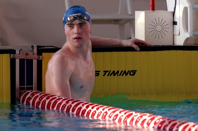 COUVA, TRINIDAD AND TOBAGO - AUGUST 08: Sean McCann of Scotland looks on prior to competing in the swimming Men's 400m Freestyle Final on day four of the 2023 Youth Commonwealth Games at National Aquatic Centre on August 08, 2023 in Couva, Trinidad And Tobago. (Photo by Jamie Squire/Getty Images for Commonwealth Sport)