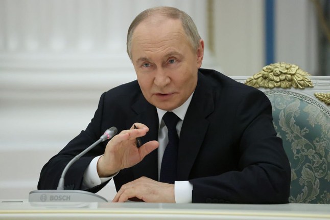 MOSCOW, RUSSIA - MAY 26 (RUSSIA OUT) Russian President Vladimir Putin gestures during his meeting with local business leaders at the Saint Yekeaterina's Hall of the Kremlin, May 26, 2025 in Moscow, Russia. Putin met Russian businessmen, marking the Day of the Entrepreneur. (Photo by Contributor/Getty Images)