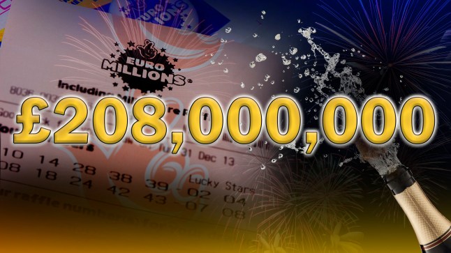 A EuroMillions lottery ticket, a bottle of champagne popping, and the number £208,000,000 written out in gold.
