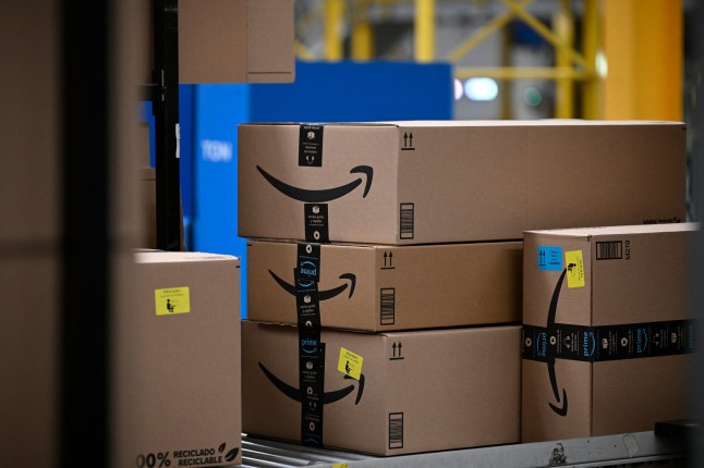 Packages with the logo of Amazon at Amazon Mex3 distribution center in Tepotzotlan, Mexico pictured on May 22, 2025. (Photo by Alfredo ESTRELLA / AFP) (Photo by ALFREDO ESTRELLA/AFP via Getty Images)