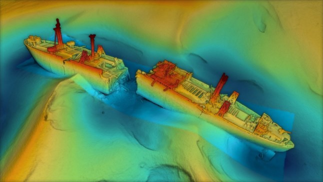 SHEERNESS, KENT, ENGLAND, UK Photo shows the wreck and the surrounding seabed. A bomb-filled ?doomsday wreck? which threatens to unleash a tsunami in the Thames is edging closer to collapse, an ominous new survey of the ship reveals (Credit: MCA via Pen News) (Pen News ?25, ?15, ?10 online) (Contact editor@pennews.co.uk/07595759112)