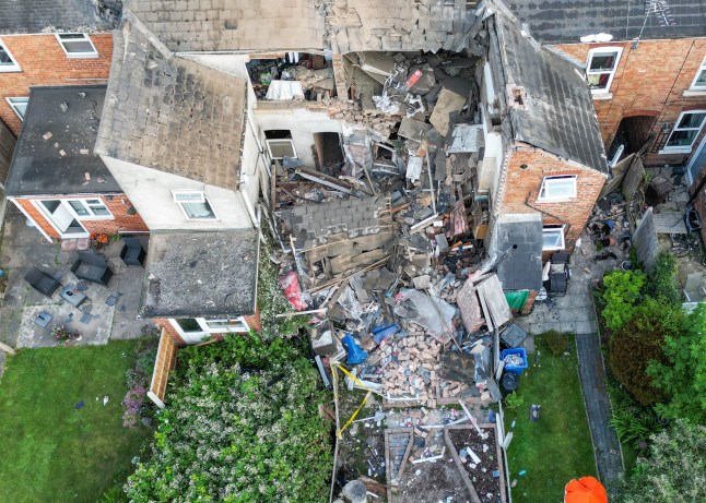 ?? Licensed to London News Pictures. 11/06/2025.Derby, UK.The remains of a house damaged in an explosion in Derby. Emergency services were called to a suspected gas explosion at a property in Eden Street at 19:24 pm last night. One man has been taken to hospital. The extent of his injuries is not yet known. Photo credit: Ioannis Alexopoulos/LNP