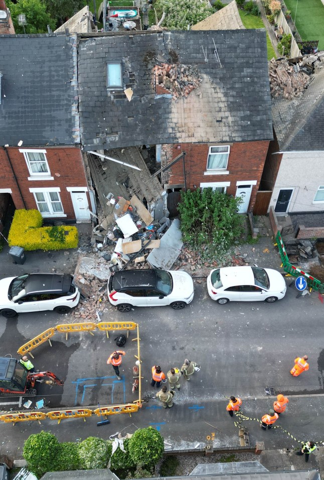 ?? Licensed to London News Pictures. 11/06/2025.Derby, UK.The remains of a house damaged in an explosion in Derby. Emergency services were called to a suspected gas explosion at a property in Eden Street at 19:24 pm last night. One man has been taken to hospital. The extent of his injuries is not yet known. Photo credit: Ioannis Alexopoulos/LNP