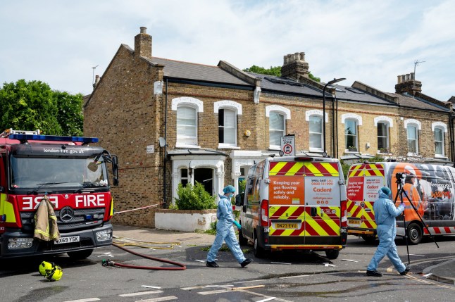 The scene of a stabbing and gas explosion at a house on Dumont Road, Stoke Newington, London, that happened at aroud four oclock this morning. June 17, 2025. Release date ??? June 17, 2025. A man has been arrested on suspicion of murder following a suspected gas explosion at a home in London. Police say a woman, 46, was found with stab wounds inside a property on Dumont Road in Stoke Newington, London, in the early hours of Tuesday. Officers had been called at 4:57am to reports of a gas explosion with a person trapped inside an address. Despite the efforts of paramedics, the woman was declared dead at the scene. A man, 44, was arrested at the address on suspicion of murder, the Metropolitan Police said.
