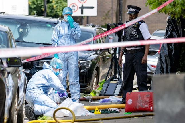 The scene of a stabbing and gas explosion at a house on Dumont Road, Stoke Newington, London, that happened at aroud four oclock this morning. June 17, 2025. Release date ??? June 17, 2025. A man has been arrested on suspicion of murder following a suspected gas explosion at a home in London. Police say a woman, 46, was found with stab wounds inside a property on Dumont Road in Stoke Newington, London, in the early hours of Tuesday. Officers had been called at 4:57am to reports of a gas explosion with a person trapped inside an address. Despite the efforts of paramedics, the woman was declared dead at the scene. A man, 44, was arrested at the address on suspicion of murder, the Metropolitan Police said.
