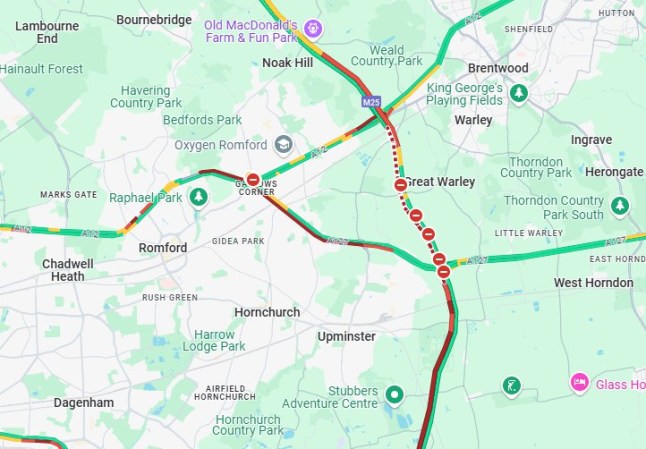 A map showing where the M25 is closed in Essex.