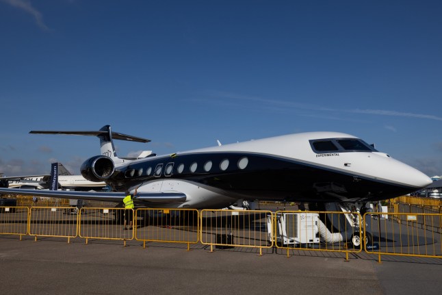 A GulfStream Aerospace Corp. G700 business jet during the Singapore Airshow in Singapore, on Tuesday, Feb. 20, 2024. Aircraft delivery delays, the uphill battle of going green by 2050 and elevated airfares that increasingly make flying the domain of the wealthy ??? all these topics and more will be in focus this week as executives from over 1,000 companies descend on Singapore for Asias most influential aerospace and defense exhibition. Photographer: SeongJoon Cho/Bloomberg via Getty Images